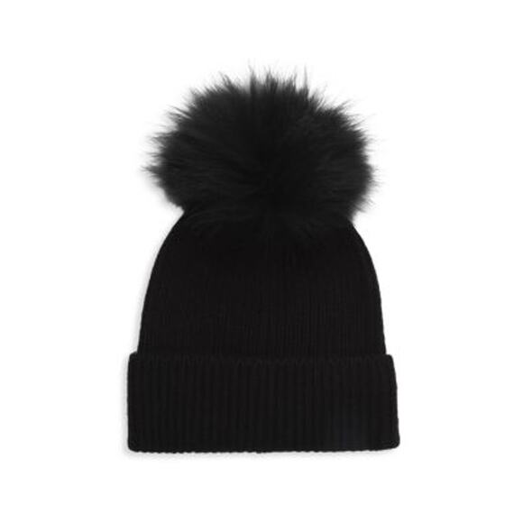 Amicale Cashmere & Fox Fur Black Pom-Pom Beanie Size OS - Picture 1 of 4